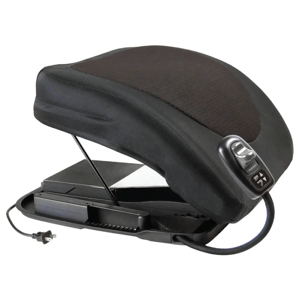 Black office chair headrest with control panel on a white background