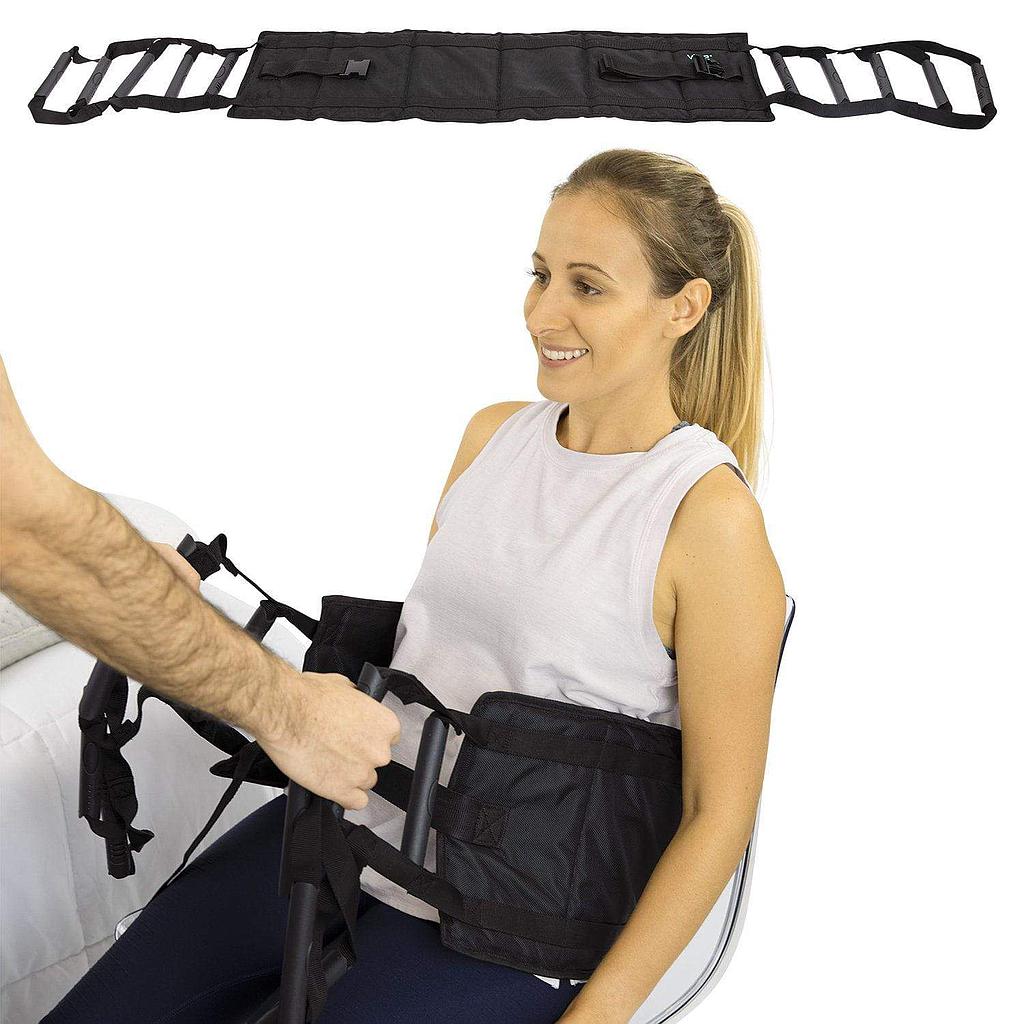 Woman using a black harness system with a white background