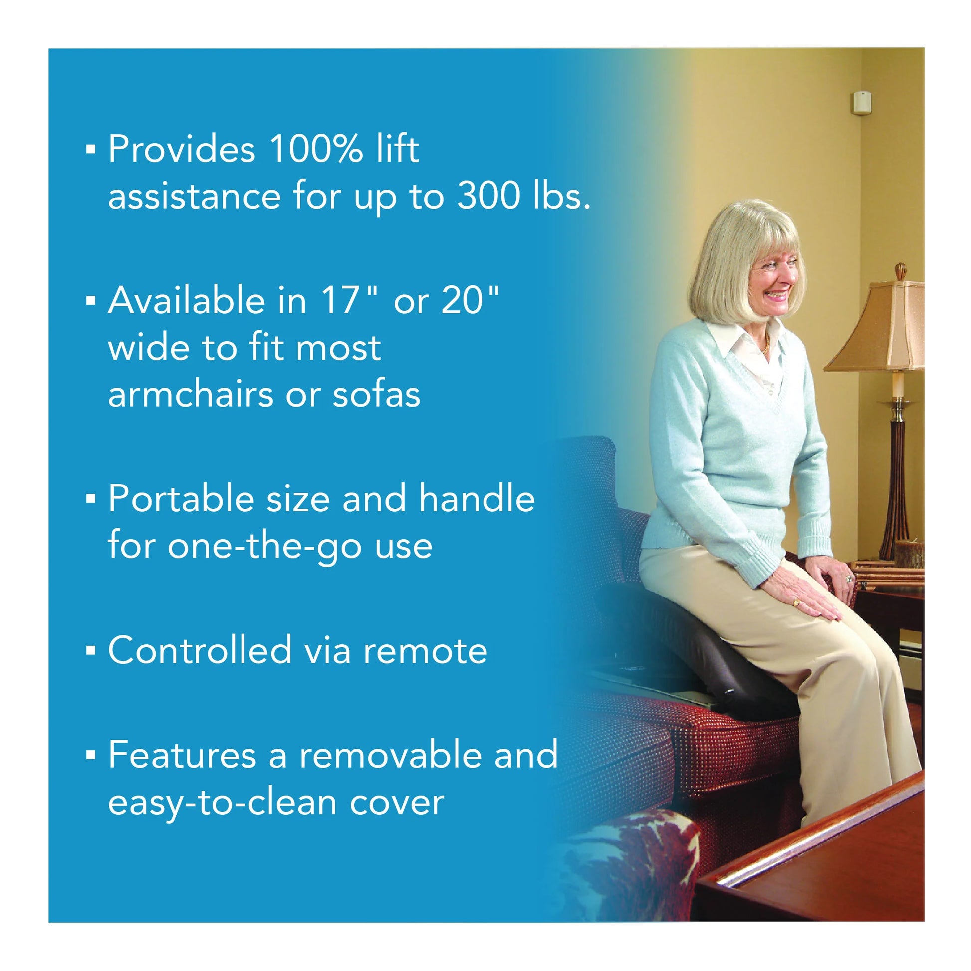Woman using a lift assistance device in a home setting with product features listed on the left.
