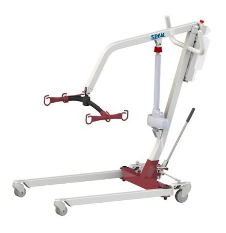 A white and red SPAN brand hydraulic patient transport lift on wheels, shown against a plain white background.