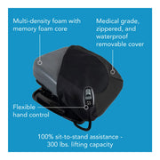 Black and gray medical device with features highlighted on a blue background
