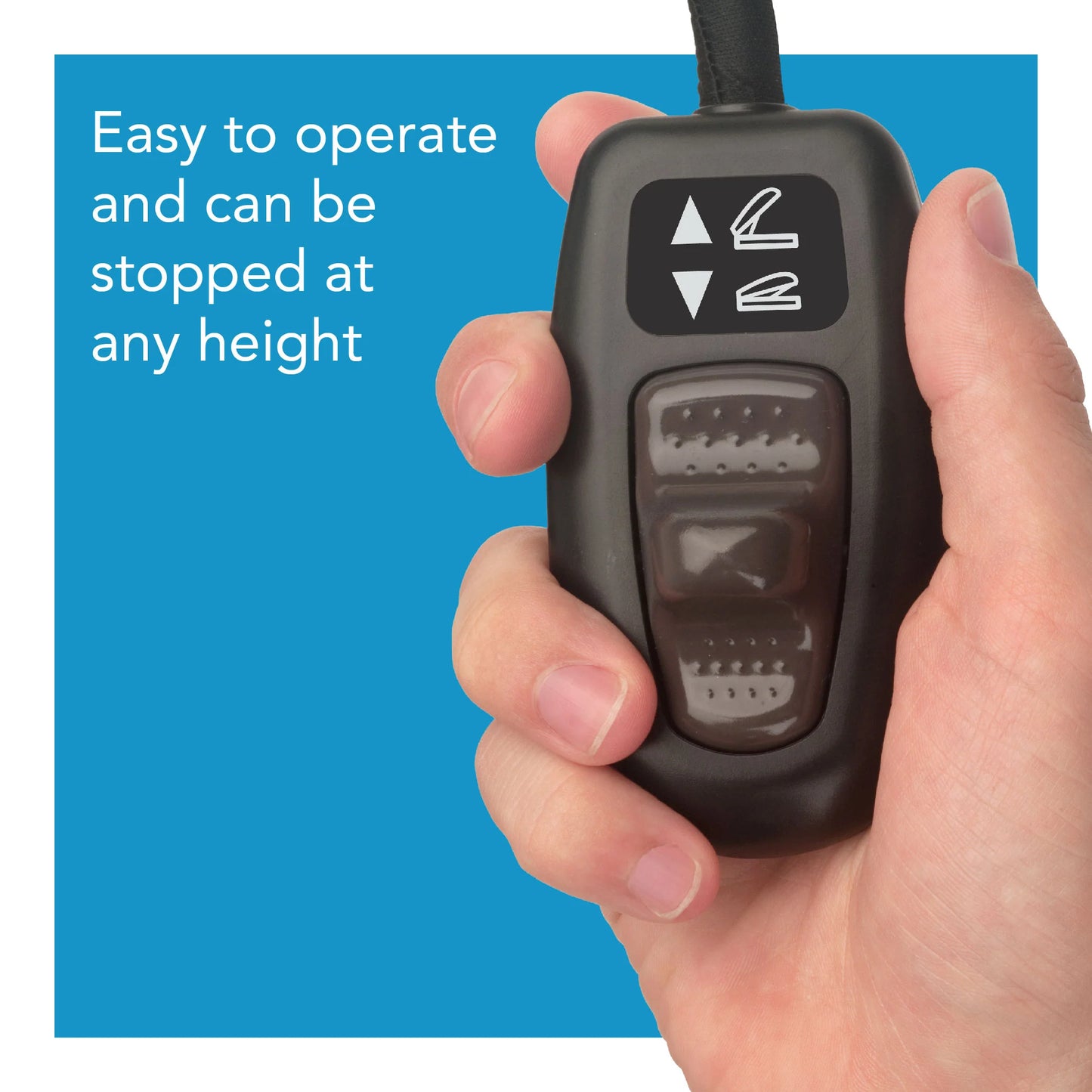 Hand holding a remote control with text 'Easy to operate and can be stopped at any height' on a blue background