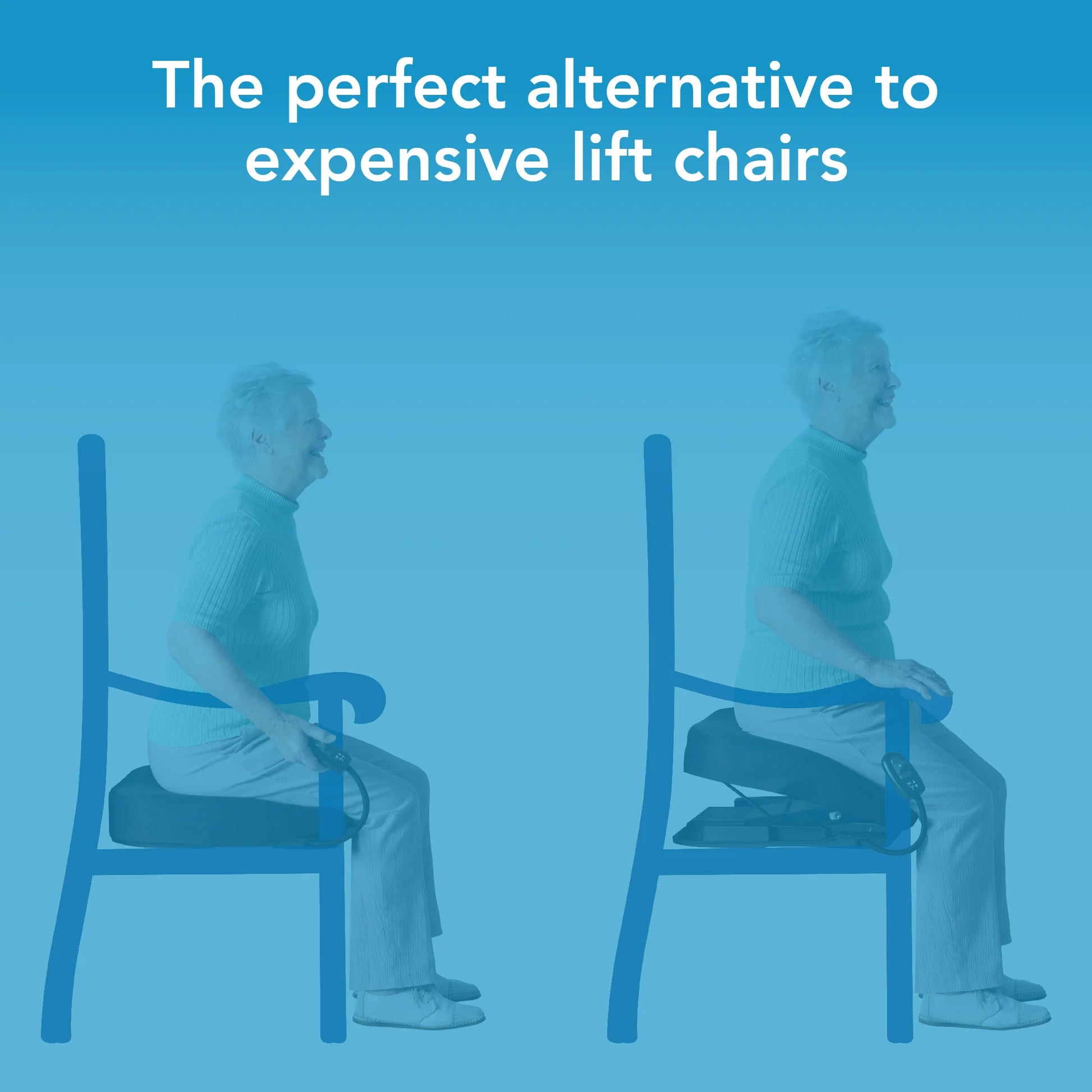 Two people sitting on chairs with text about a perfect alternative to expensive lift chairs on a blue background.