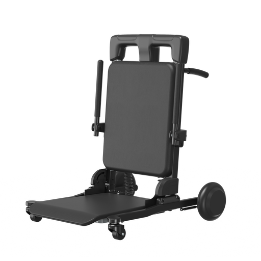 A black adjustable medical or patient transfer chair with a padded backrest, fold-out tray table, side supports, and caster wheels, shown on a plain white background.