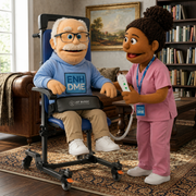Two animated characters, one in a wheelchair and the other in a nurse's outfit, in a living room setting.