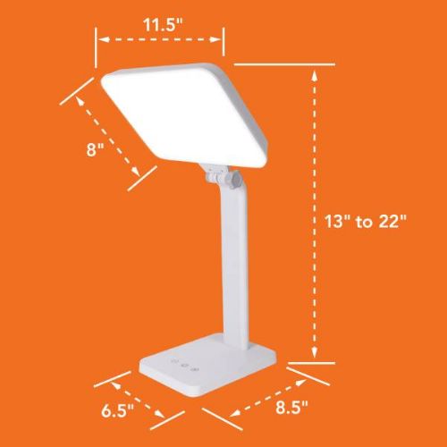 White desk lamp with dimensions on an orange background