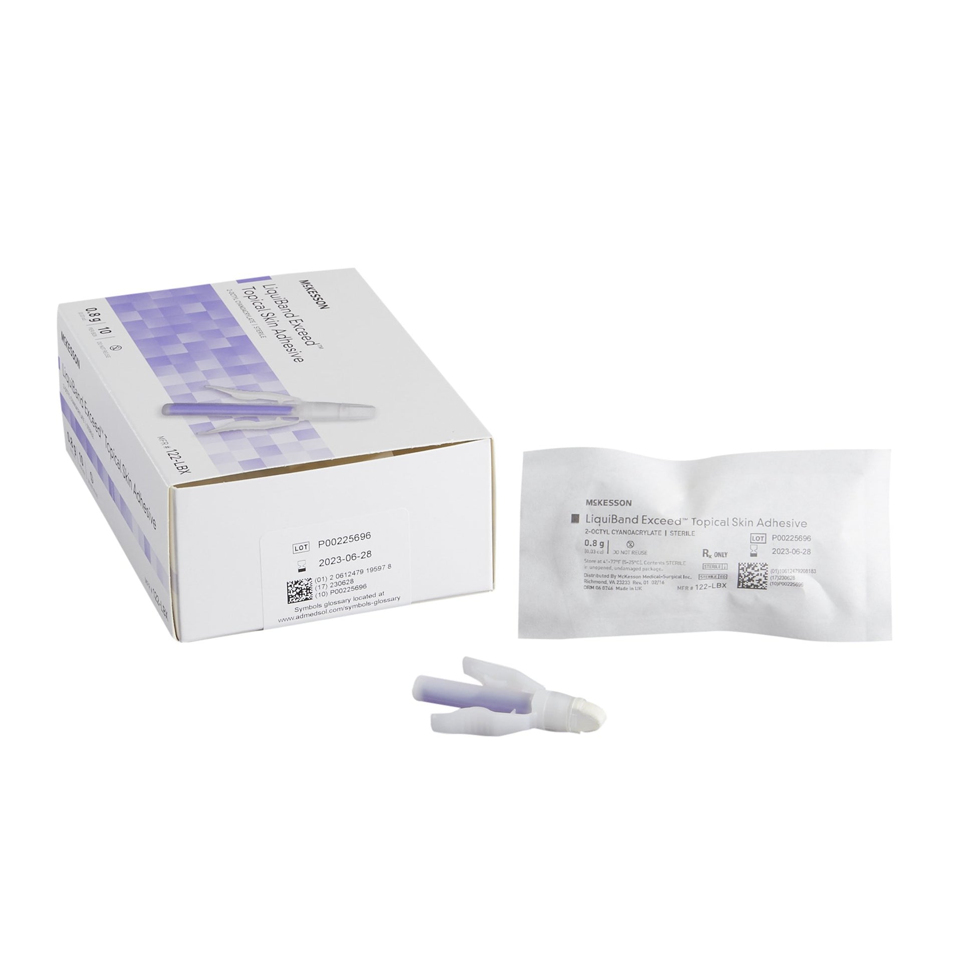 Medical device packaging with a box and a single-use device on a white background