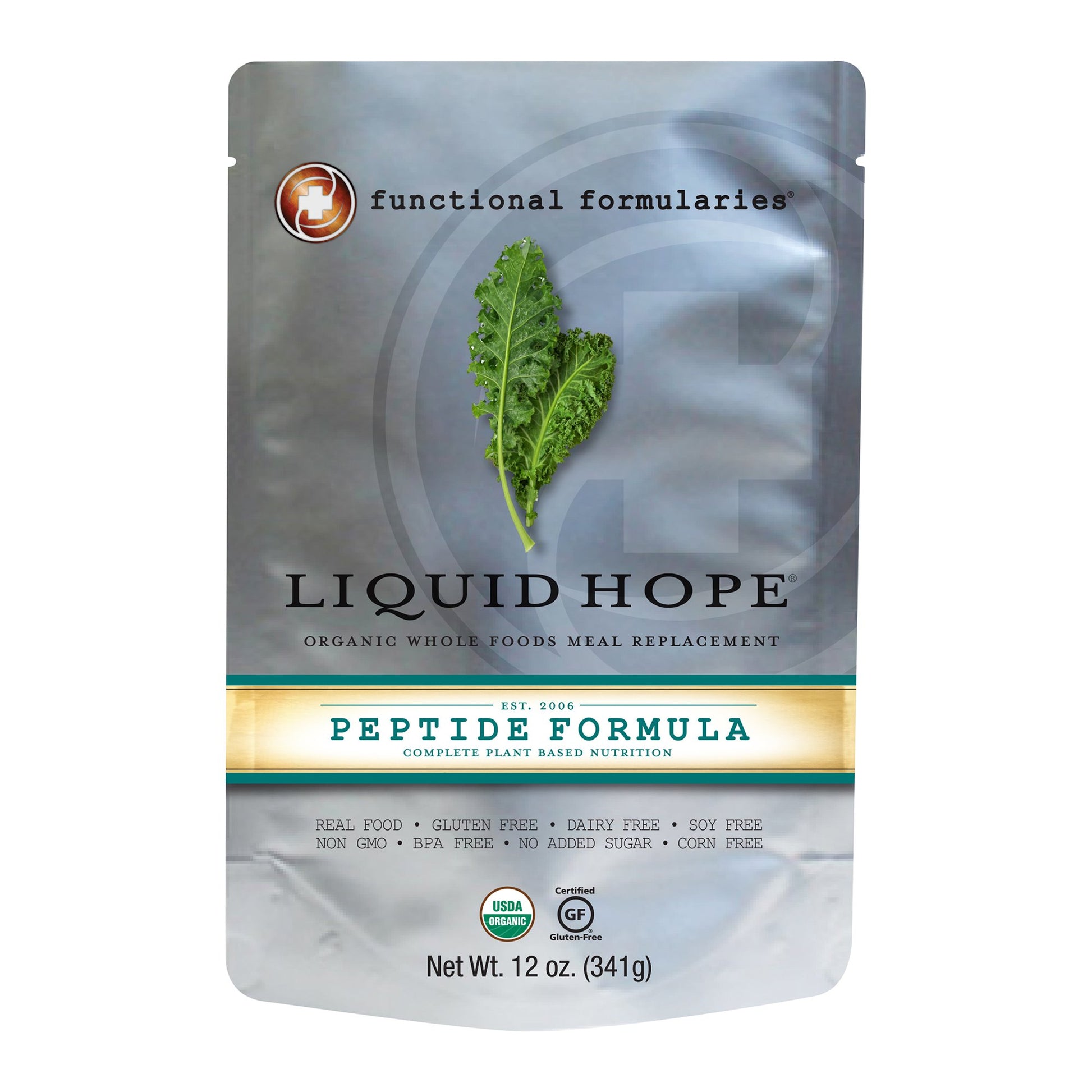 Package of Liquid Hope Peptide Formula with a leaf graphic on a white background