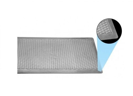 Gray textured bath mat with close-up of texture on a white background