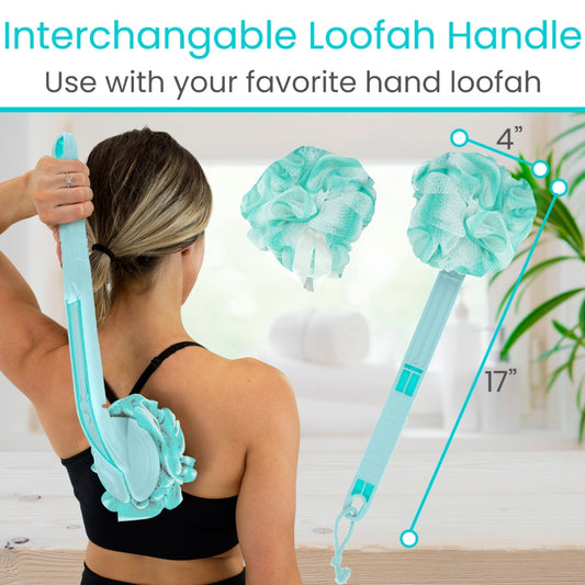 Woman using an interchangeable loofah handle with a loofah attachment, set against a blurred indoor background.