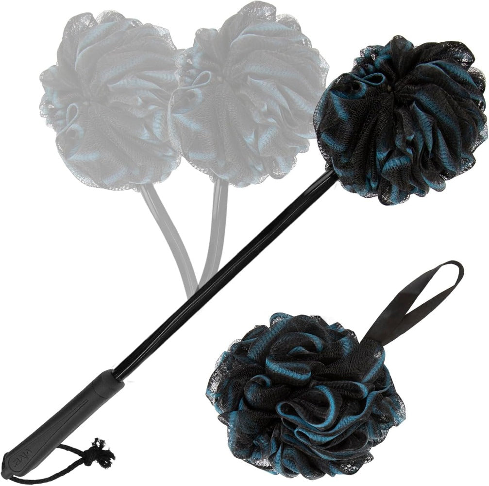 Black and gray bath pouf set with a black handle on a white background