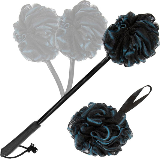 Black and gray bath pouf set with a black handle on a white background