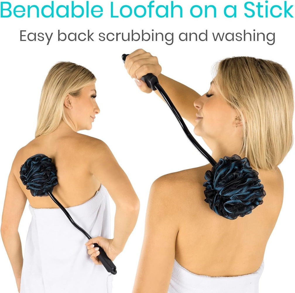 Bendable loofah on a stick being used for back scrubbing with text 'Bendable Loofah on a Stick' and 'Easy back scrubbing and washing'.