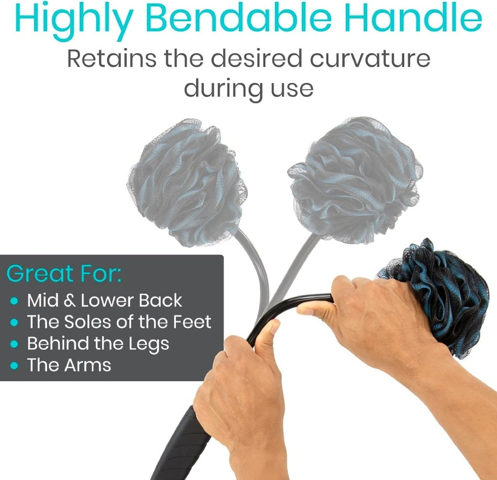 Hand holding a flexible handle with massage balls, highlighting its bendable feature and benefits.