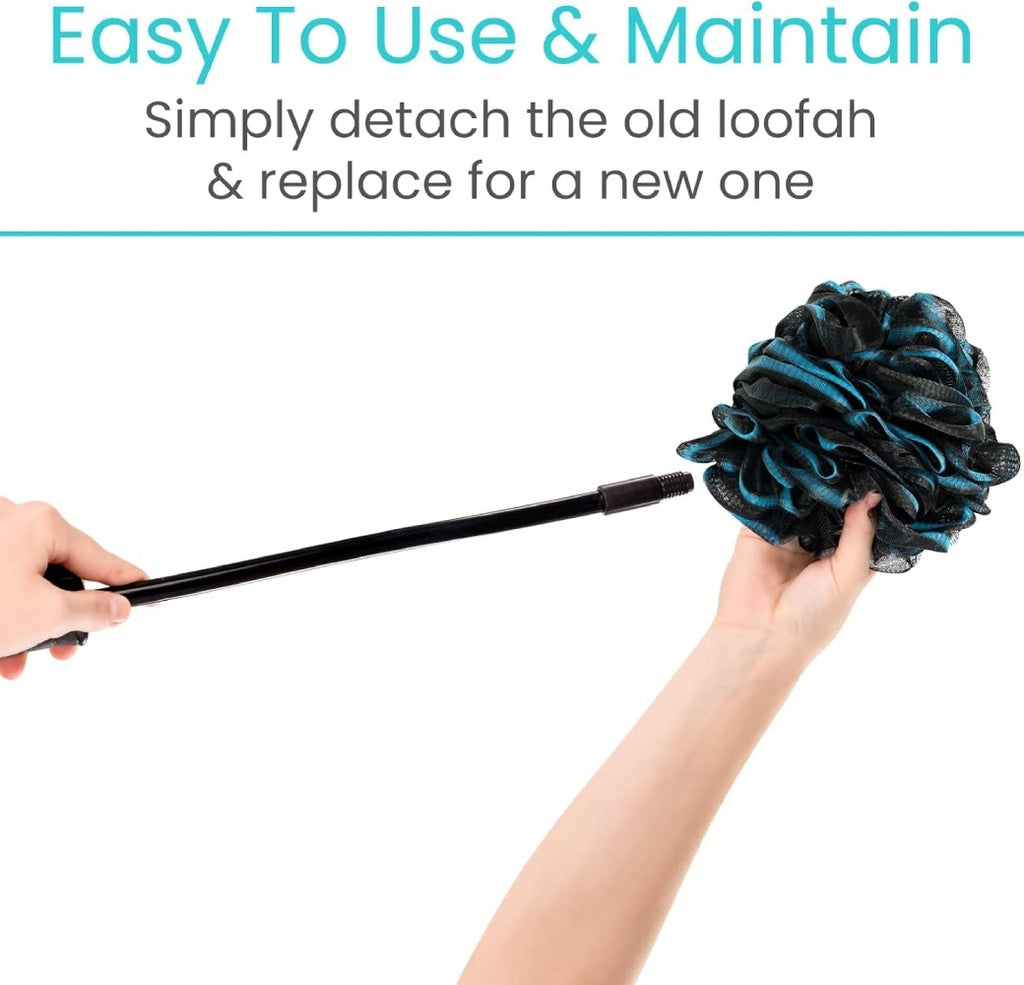 Loofah with a handle being detached from a new loofah, with text indicating ease of use and maintenance.