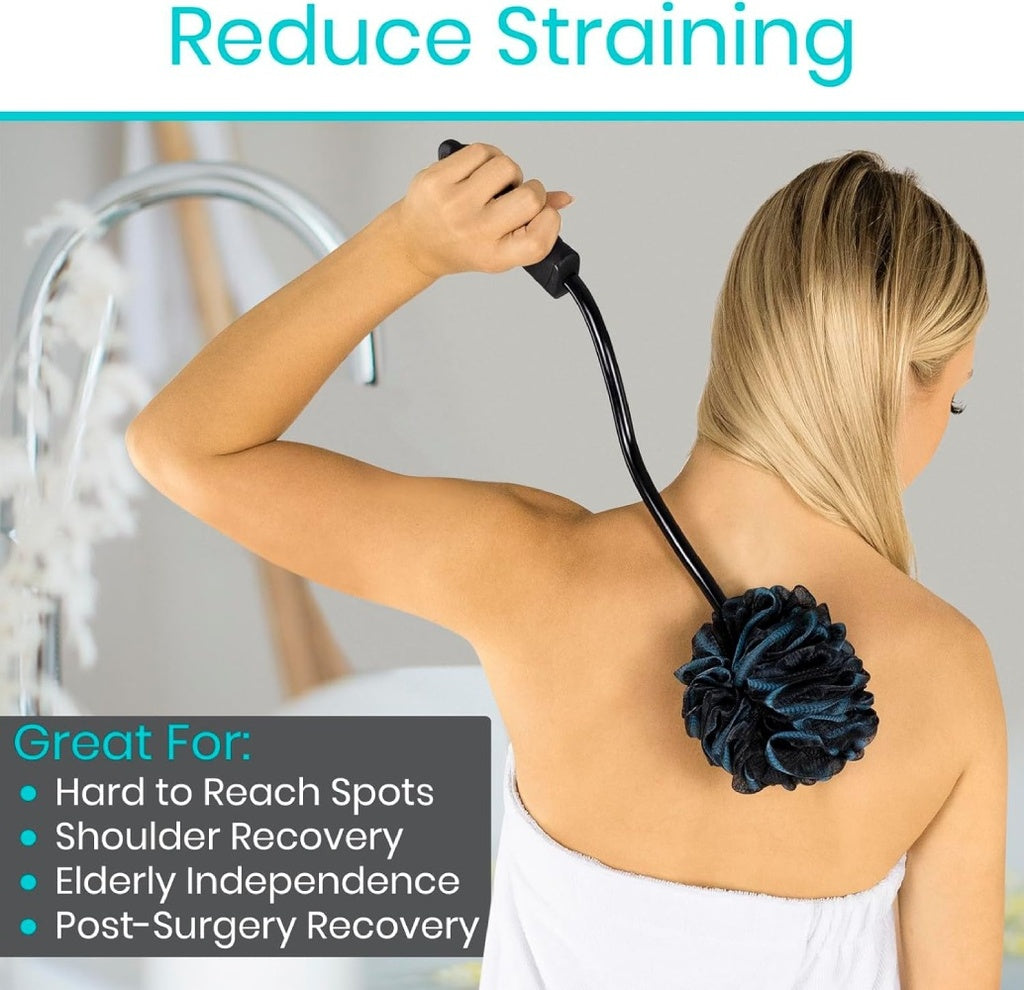 Person using a back scrubber with a long handle in a bathroom setting, with text indicating its uses.