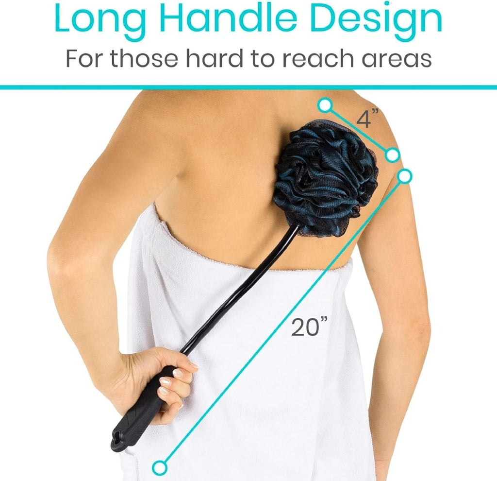 Person using a back scrubber with a long handle for reaching hard-to-reach areas, labeled 'Long Handle Design'.