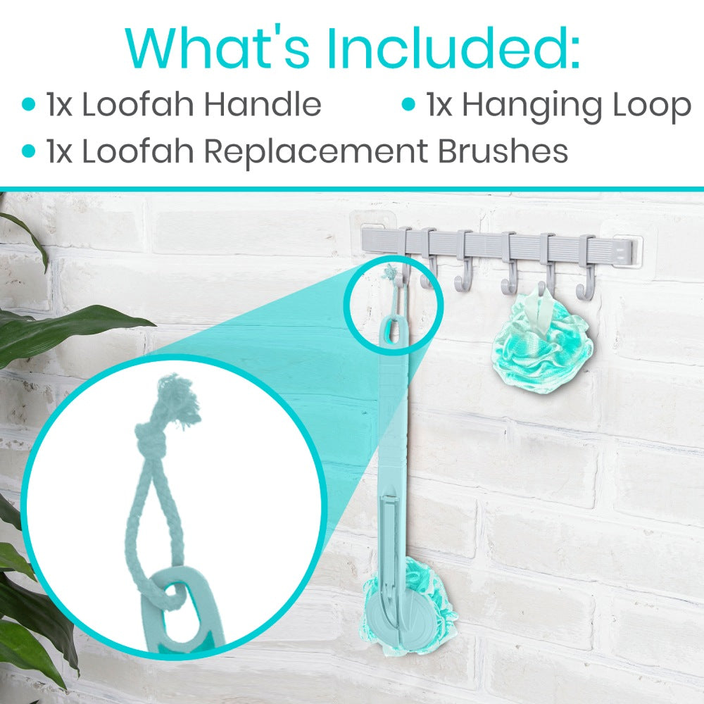 Loofah set with handle, hanging loop, and replacement brushes on a white brick wall background.