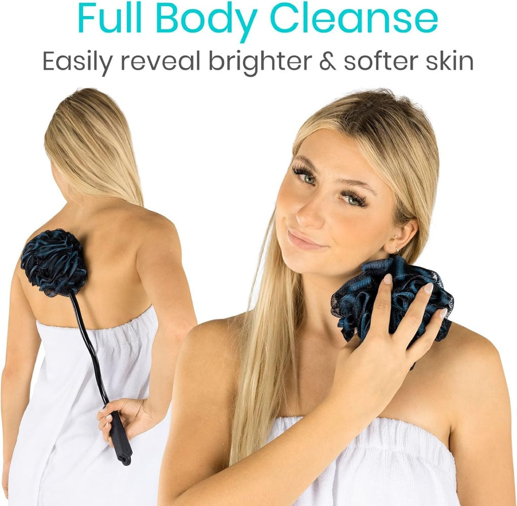 Woman using a black scrubber on her back with text about a full body cleanse.