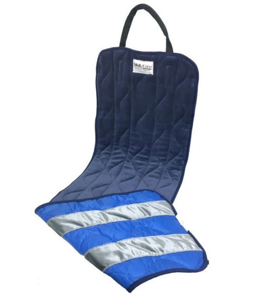 Blue quilted seat cover with reflective strip on a white background