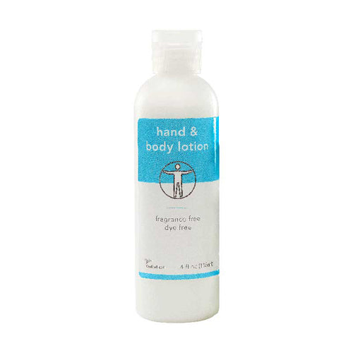 Hand and body lotion bottle with a blue label on a white background