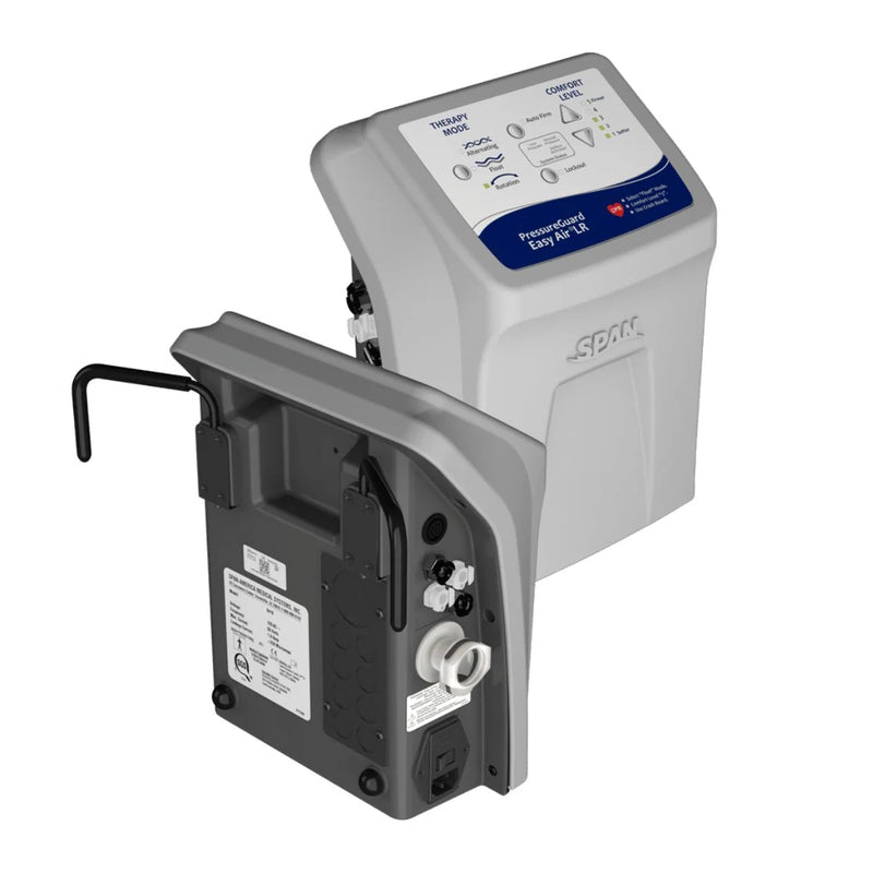A portable easy air pump for mattress with a gray and black body, featuring a digital control panel on top and a black hose connection on the side, shown against a plain white background.