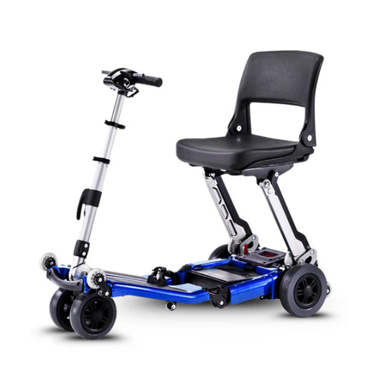 Blue mobility scooter with a black seat on a white background