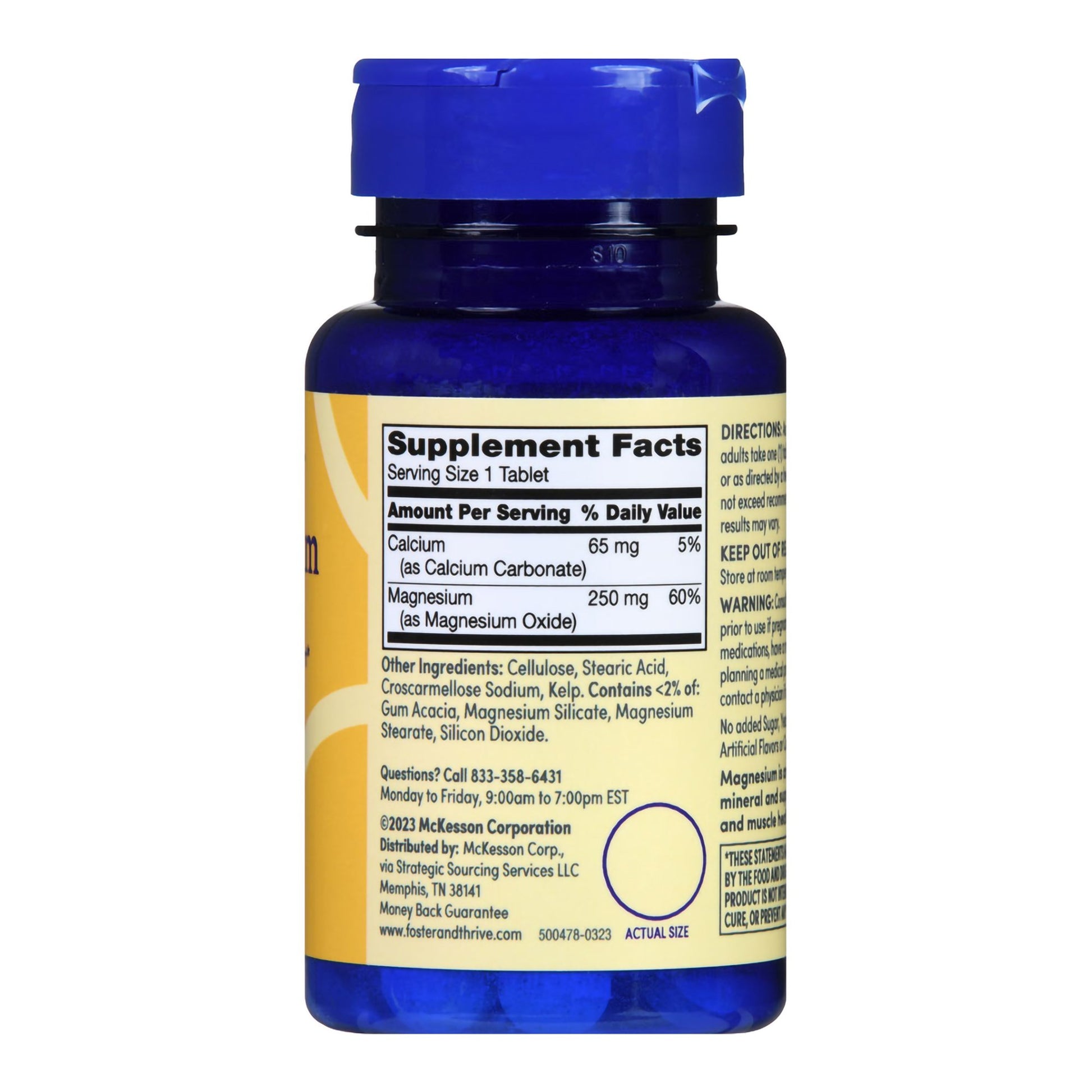 Supplement bottle with blue cap and yellow label on a white background