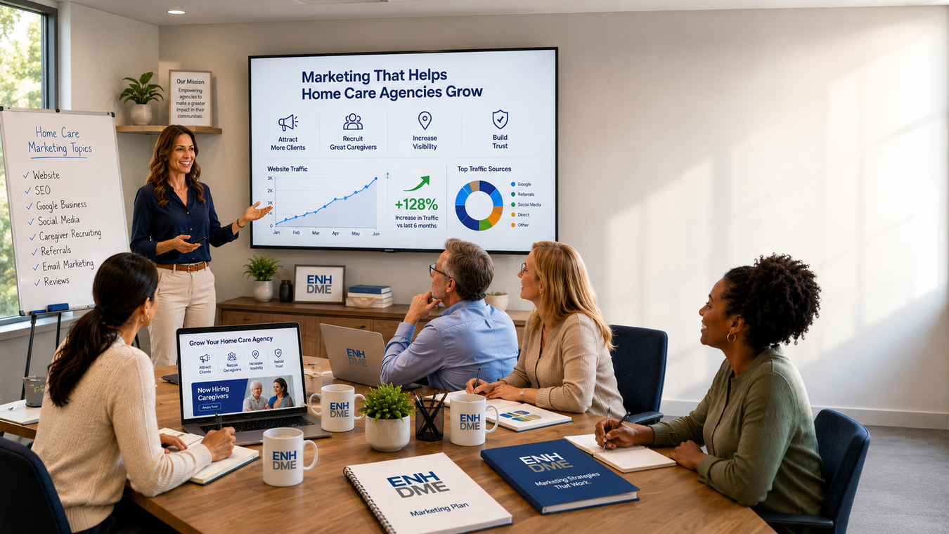 Group of people in a meeting room with a presenter showing a presentation on a screen.