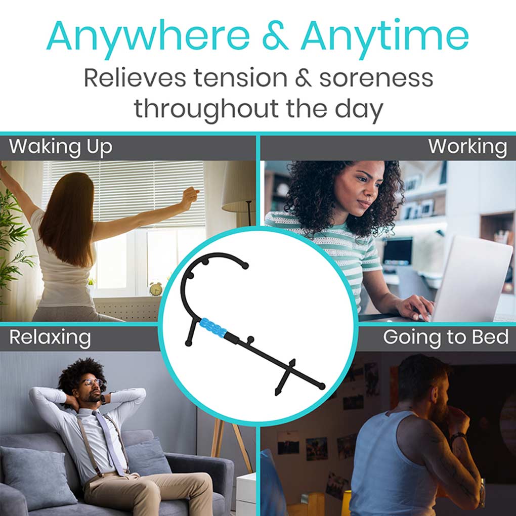 Product advertisement showing its use in various daily activities with a focus on relief from tension and soreness.