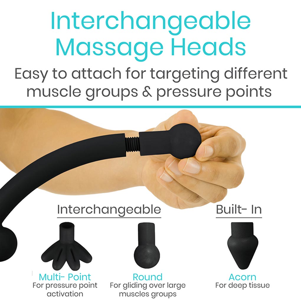 Hand holding a massage tool with interchangeable heads and text about targeting different muscle groups.