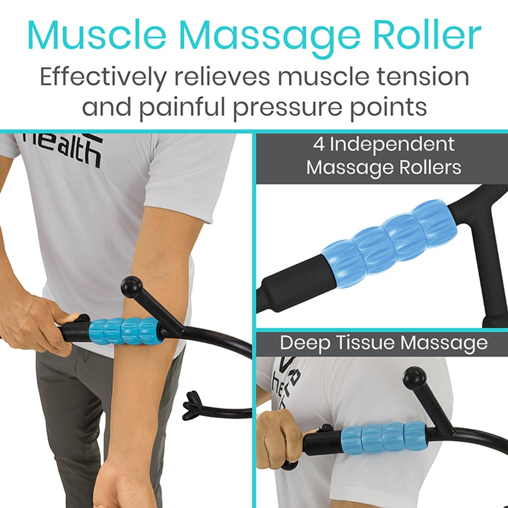 Person using a muscle massage roller with text highlighting its benefits