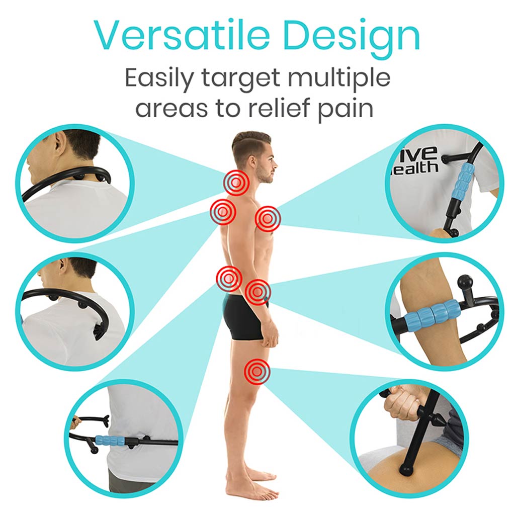 Product showing its versatility in relieving pain at different body areas with text 'Versatile Design' and 'Easily target multiple areas to relief pain'.