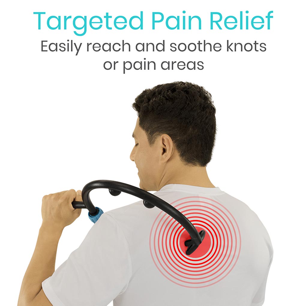 Person using a back pain relief device with text about targeted pain relief.