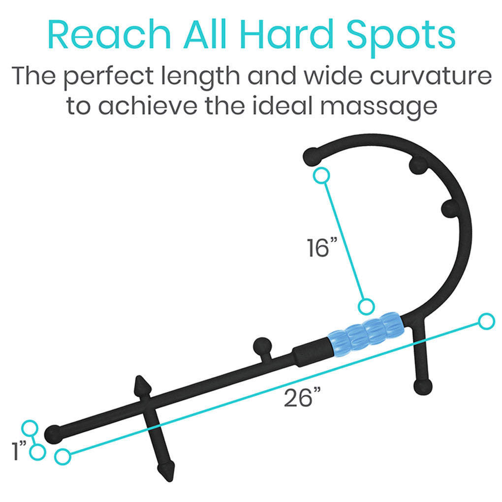 Massage tool with measurements and text on a white background