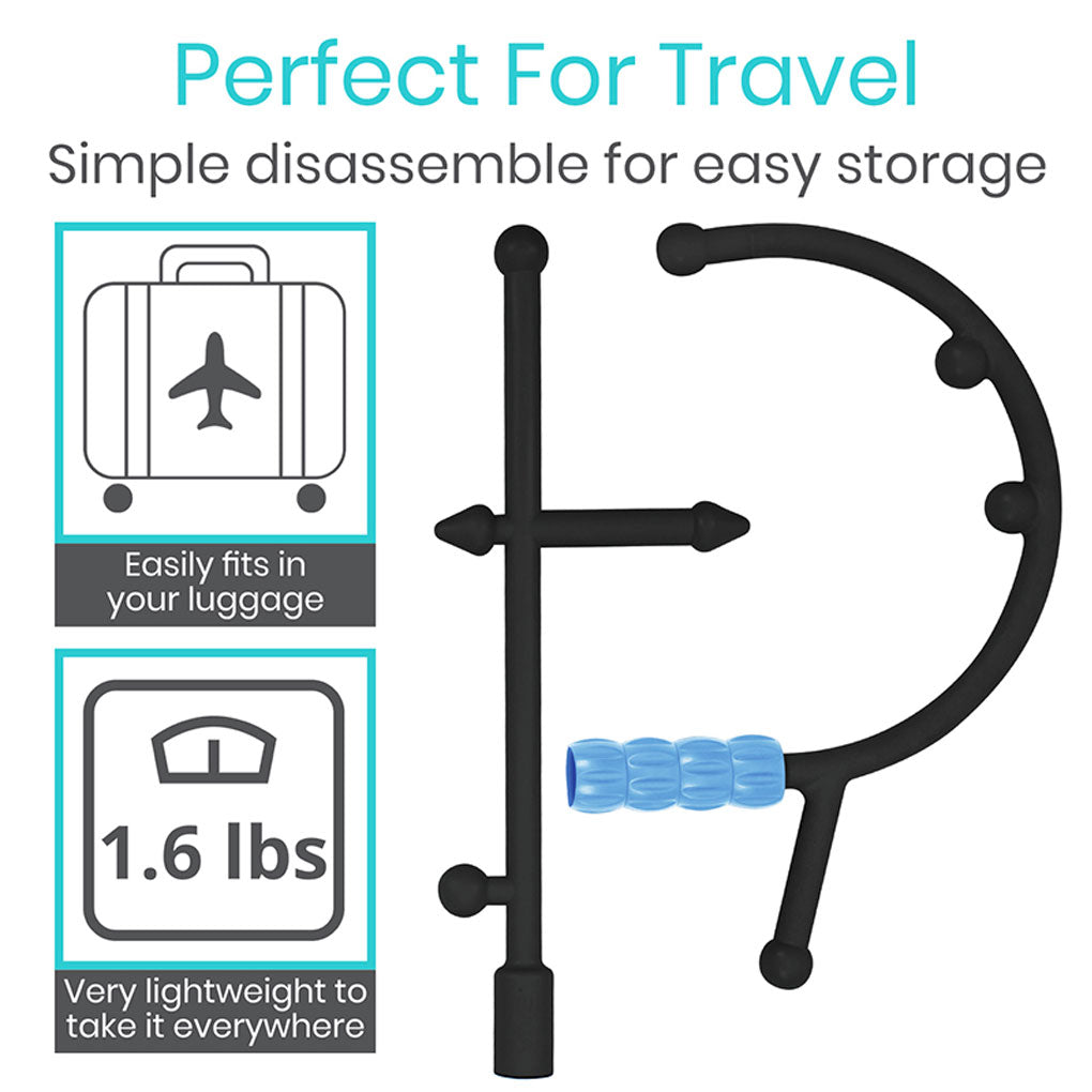 Pacifier holder with text indicating it's perfect for travel, easy to disassemble, fits in luggage, weighs 1.6 lbs, and is very lightweight.