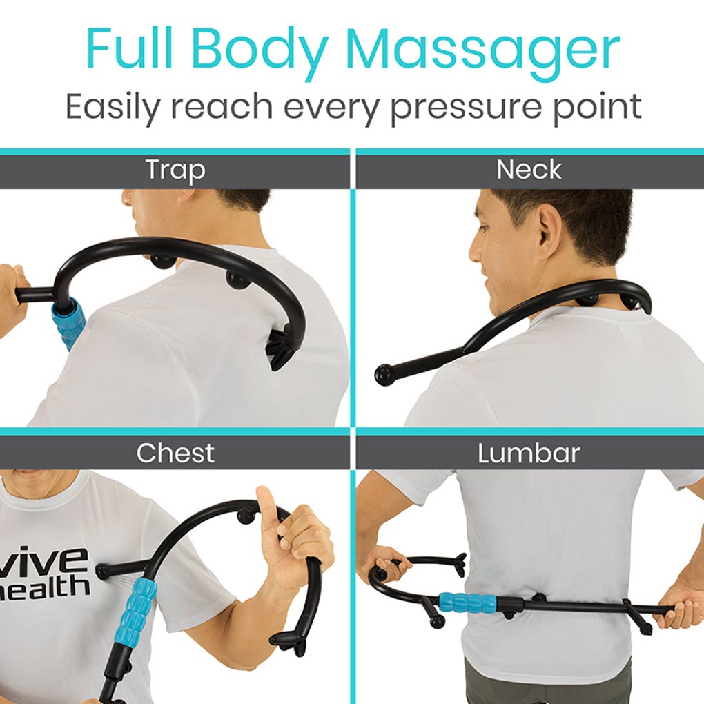Full body massager being used on different parts of the body with text indicating its use.