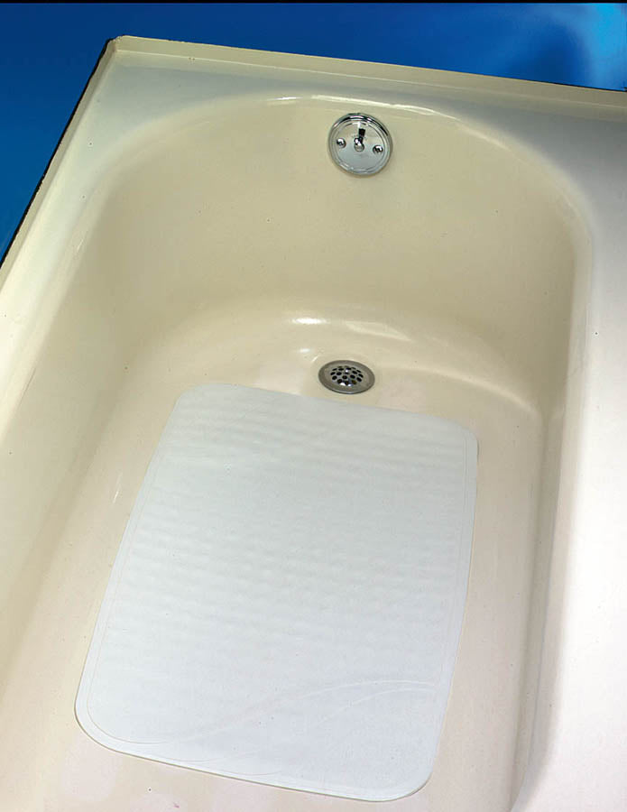 Beige bathtub with a white non-slip mat on a blue gradient background