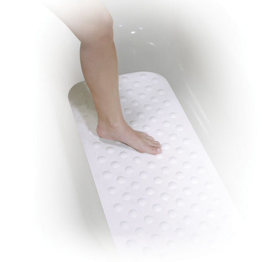 Person using a white bath mat with a textured pattern on a white background
