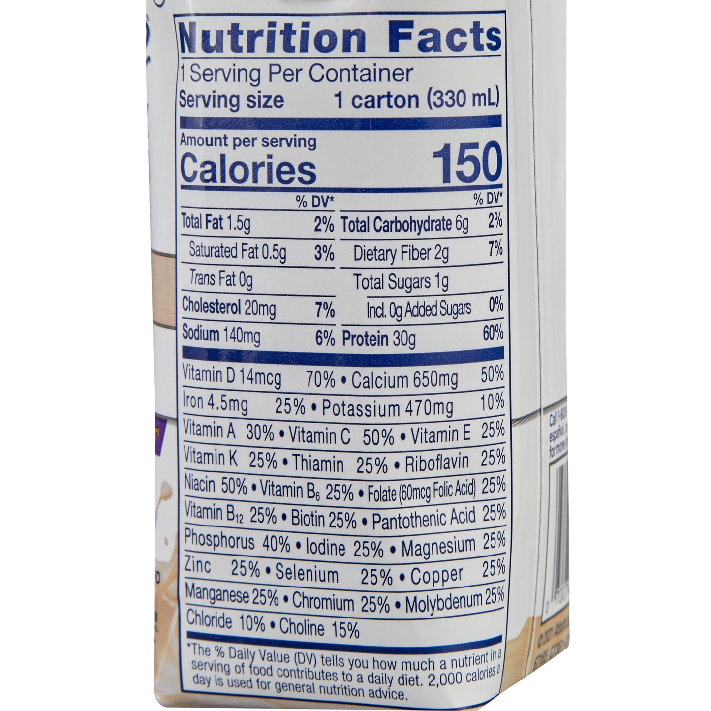 Nutrition facts label on a carton of milk
