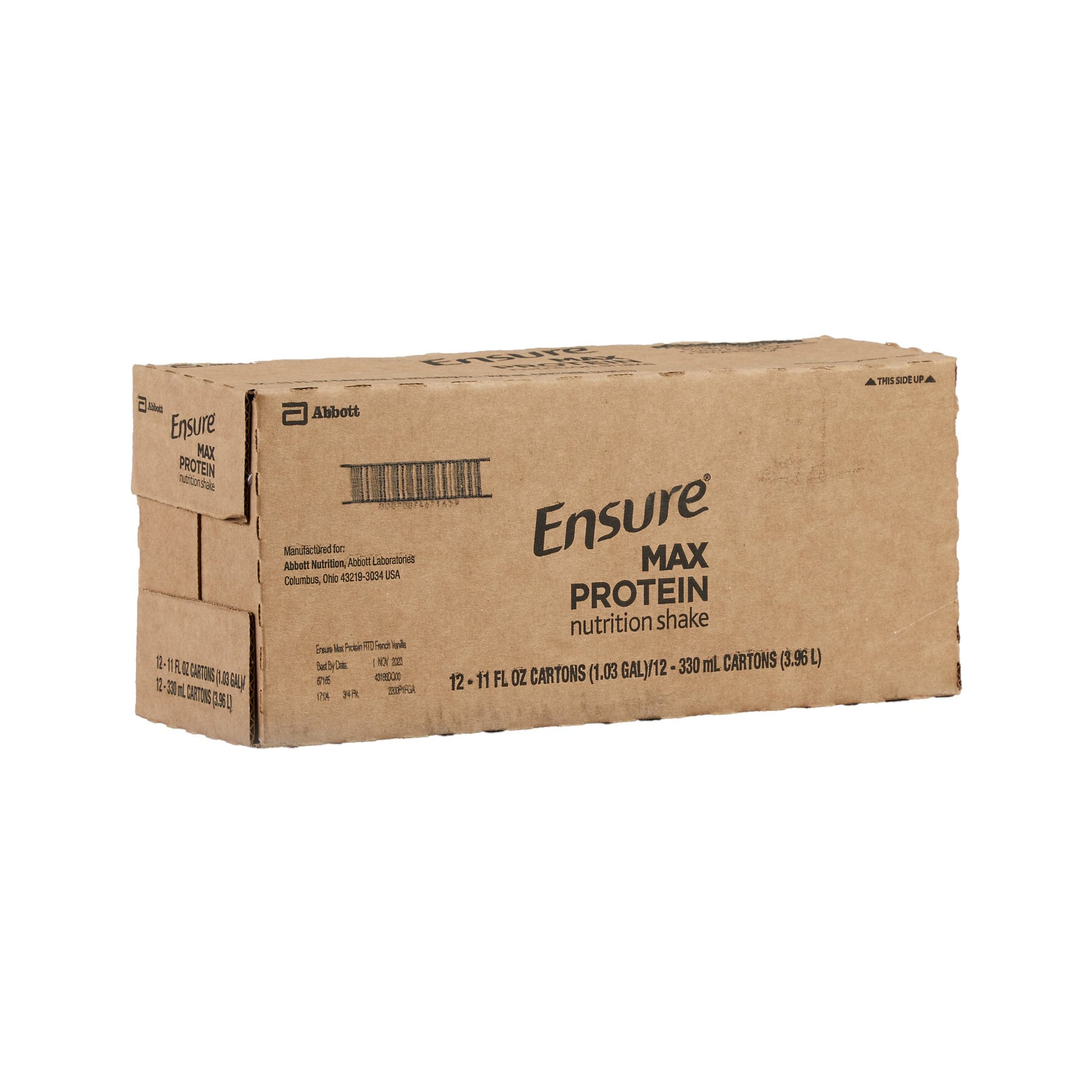 Cardboard box of Ensure Max Protein nutrition shake on a white background