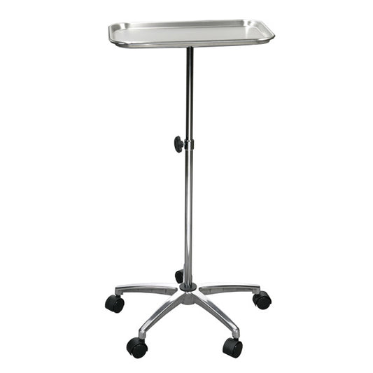 Stainless steel medical tray table on wheels with a white background