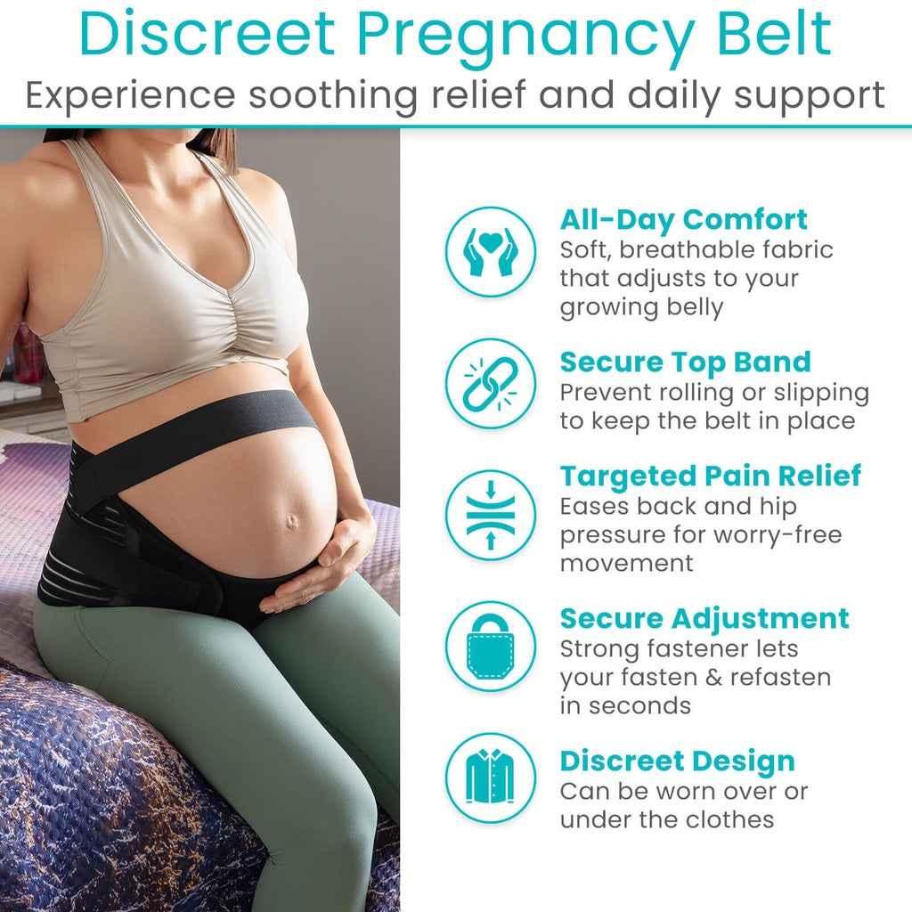 Pregnant woman wearing a discreet pregnancy belt with features listed on the right.