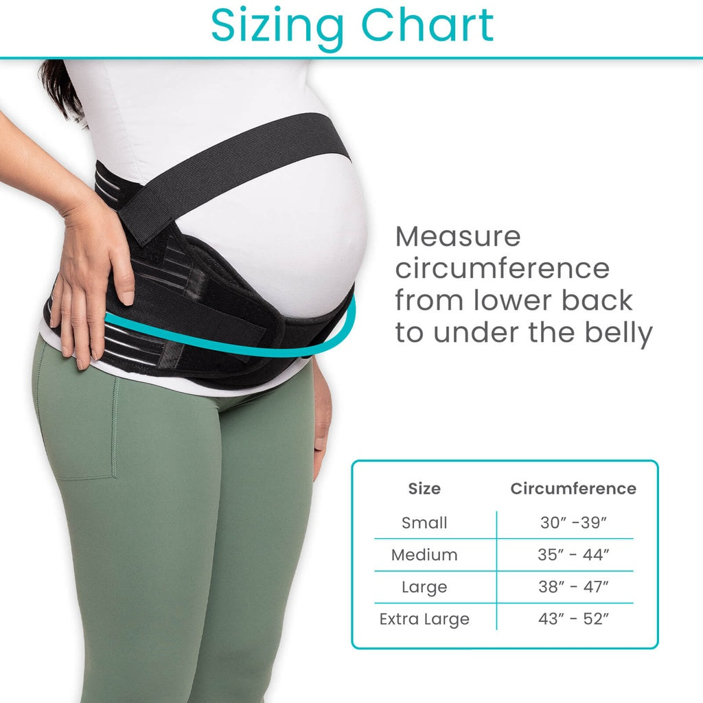 Pregnancy belt sizing chart with measurement guide and size chart.