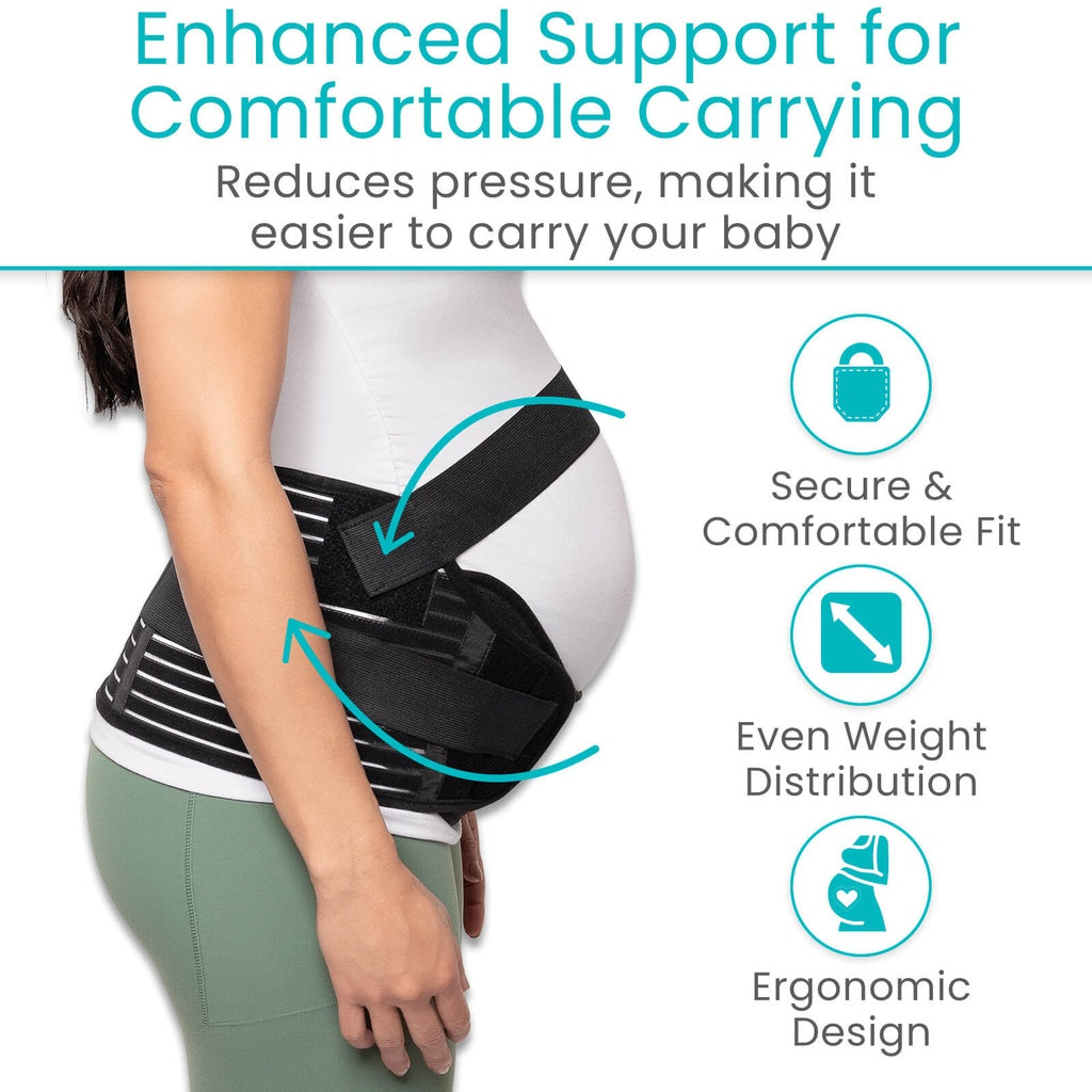 Pregnant woman wearing a black baby carrier with text highlighting features on a white background