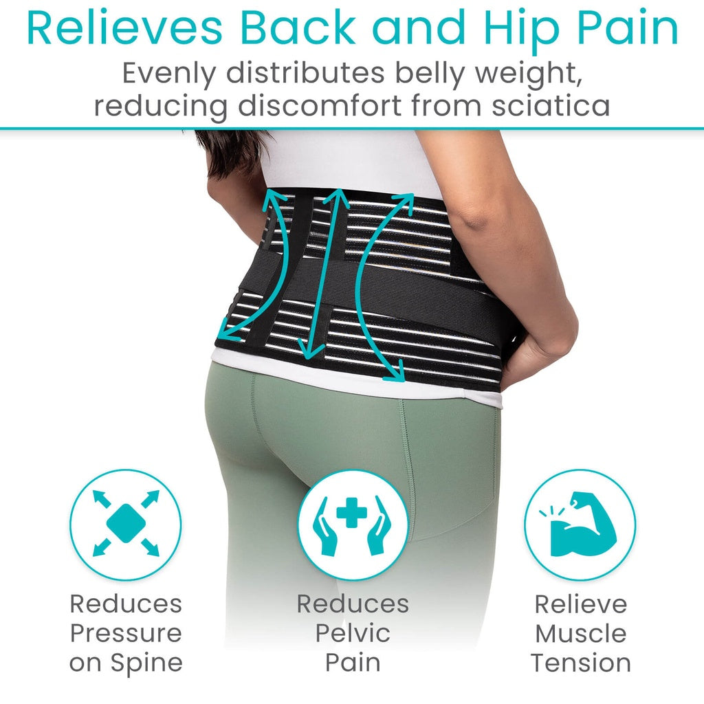 Person wearing a back support belt with text and icons highlighting its benefits on a white background.