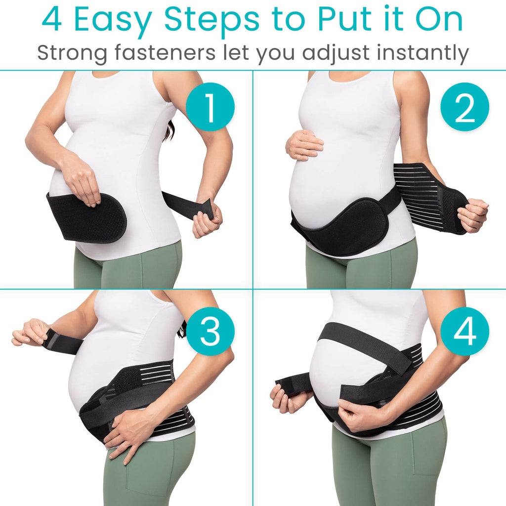 Step-by-step guide on how to put on a black maternity belt with text indicating ease of use.
