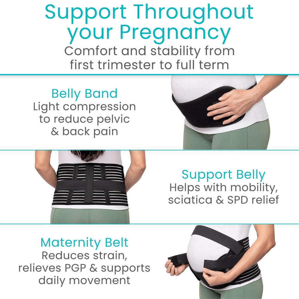 Maternity support belts with text on comfort and stability during pregnancy.