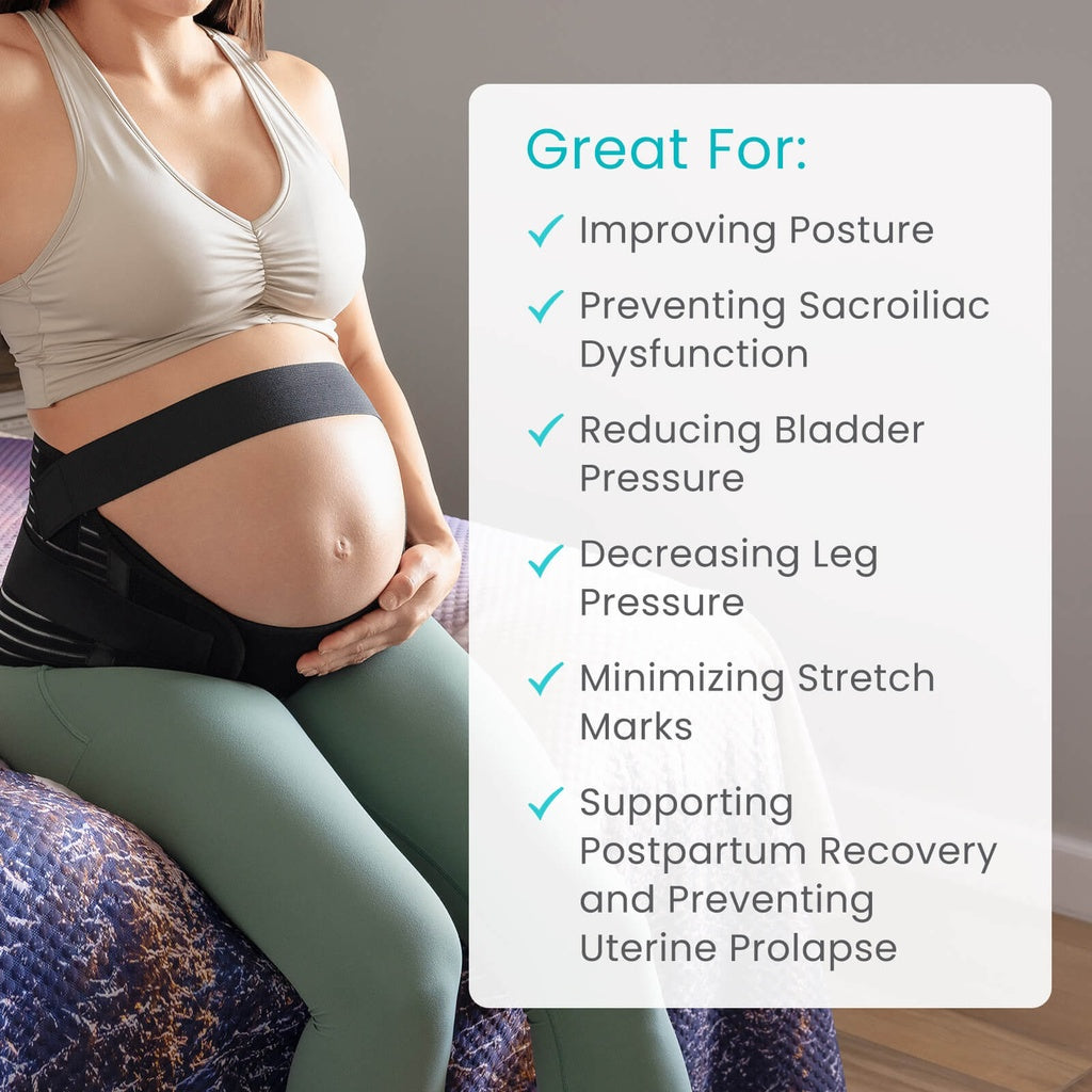 Pregnant woman wearing a support belt with a list of benefits on a gray background