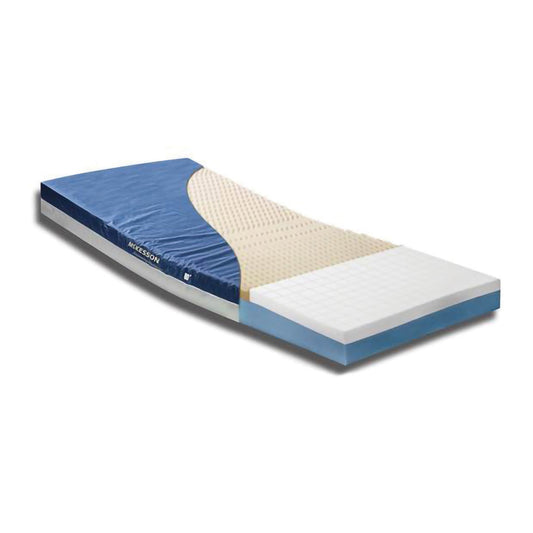 Mattress with blue and beige layers on a white background